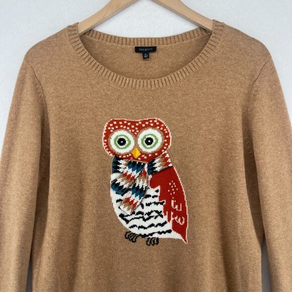 TALBOTS Sweater XL Owl Jacquard Jumper Pullover Cotton Blend Brown - Picture 1 of 14